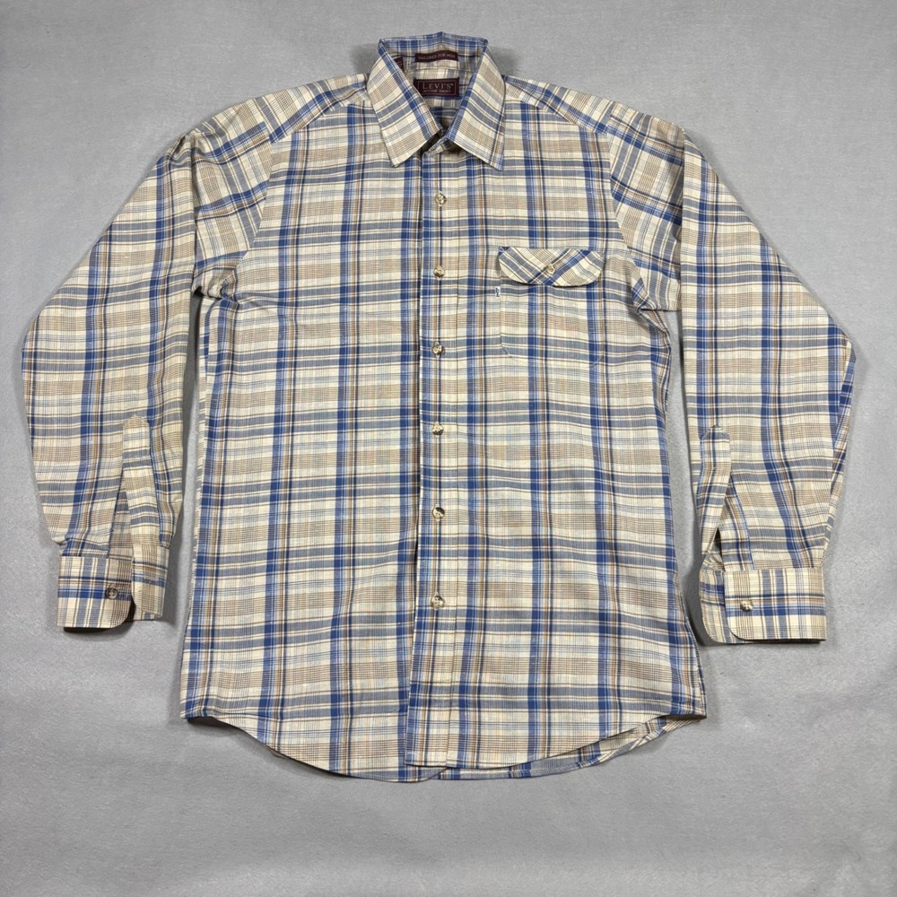 Vintage Levis Action Shirt Mens Small Blue Tan Plaid Button Up Made in USA 64001